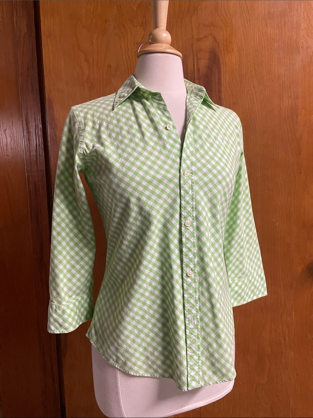 Ralph Lauren Blue Label Green and White Gingham Button-Up Blouse
